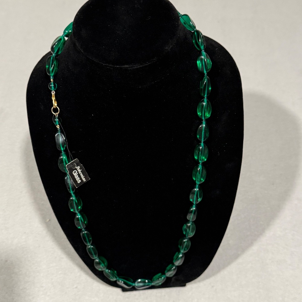 Bohemian Glass Necklace Women Green Vintage Hand Knotted Oval Beaded Statement